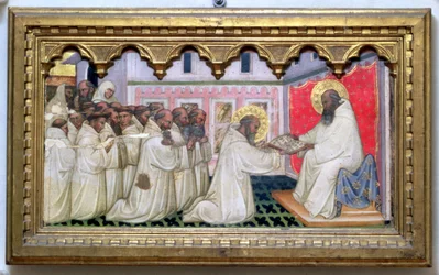 St. Benedikt übergibt die Regel des neuen Ordens an die Mönche von Monte Cassino